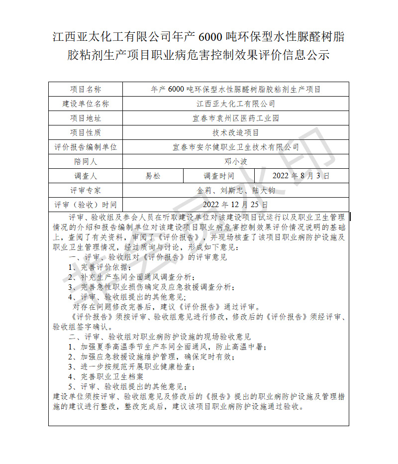 江西亞太化工有限公司年產(chǎn)6000噸環(huán)保型水性脲醛樹脂膠粘劑生產(chǎn)項目職業(yè)病危害控制效果評價信息公示.jpg