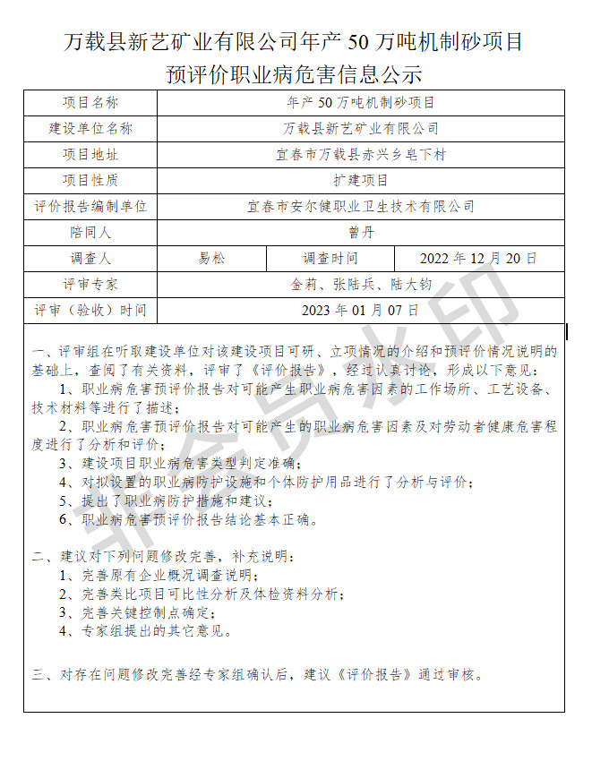 萬載縣新藝礦業(yè)有限公司年產(chǎn)50萬噸機制砂項目預(yù)評價職業(yè)病危害信息公示.jpg