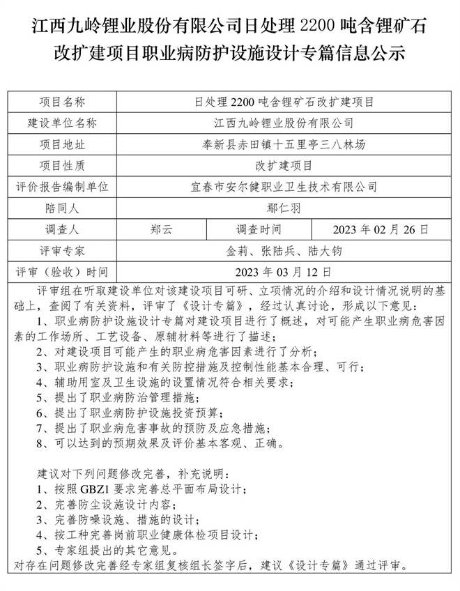 江西九嶺鋰業(yè)股份有限公司日處理2200噸含鋰礦石改擴(kuò)建項(xiàng)目職業(yè)病防護(hù)設(shè)施設(shè)計(jì)專篇信息公示.jpg