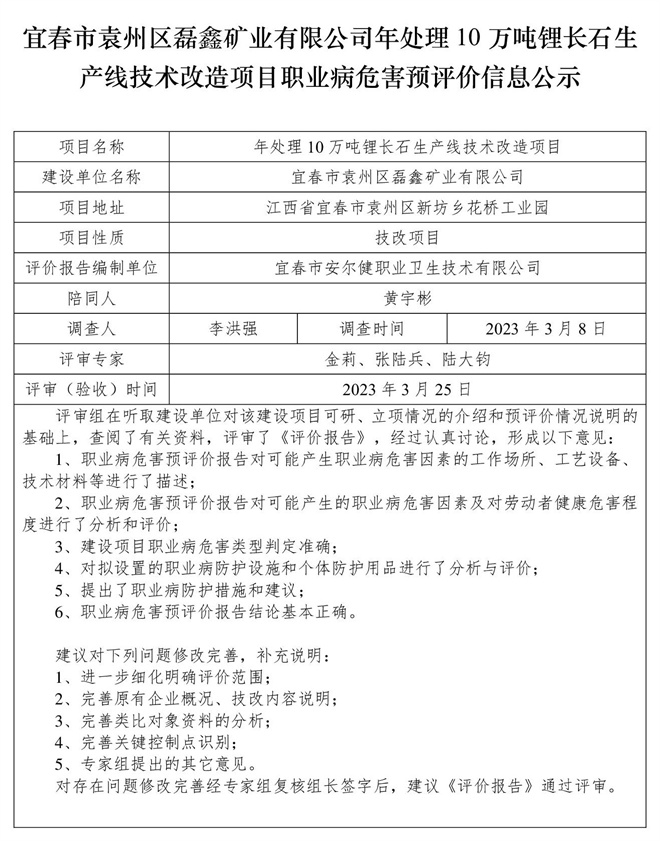 宜春市袁州區(qū)磊鑫礦業(yè)有限公司-年處理10萬噸鋰長石生產(chǎn)線技術(shù)改造項目-  職業(yè)病危害預(yù)評價信息公示(1).jpg