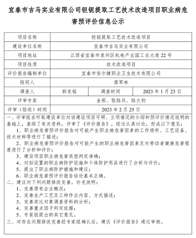 宜春市吉馬實業(yè)有限公司鉭鈮提取工藝技術改造項目職業(yè)病危害預評價信息公示.jpg