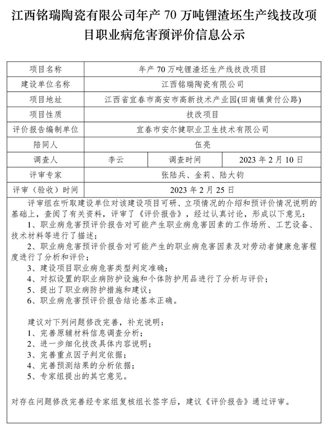 江西銘瑞陶瓷有限公司年產70萬噸鋰渣坯生產線技改項目職業(yè)病危害預評價信息公示.jpg