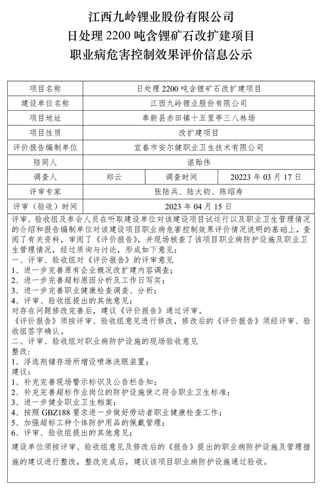 （公示）江西九嶺鋰業(yè)股份有限公司日處理2200噸含鋰礦石改擴建項目職業(yè)病危害控制效果評價信息-1.jpg