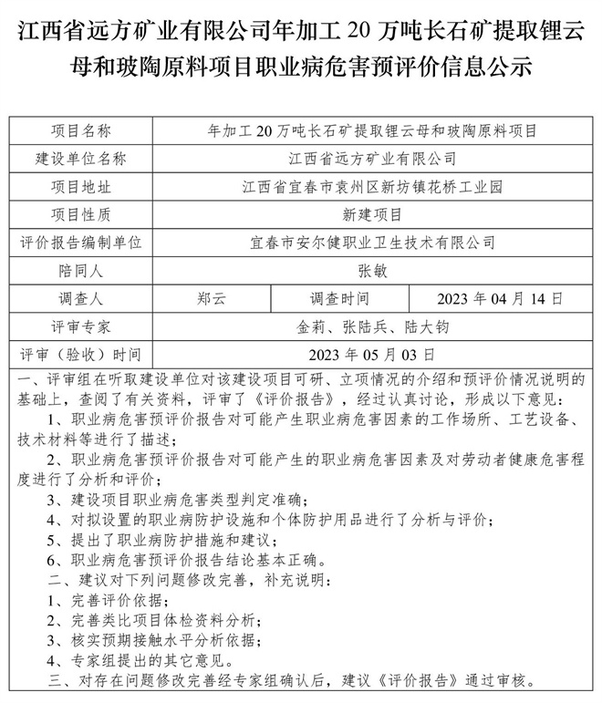 （預(yù)評(píng)價(jià)信息公示）江西省遠(yuǎn)方礦業(yè)有限公司年加工20萬(wàn)噸長(zhǎng)石礦提取鋰云母和玻陶原料項(xiàng)目職業(yè)病危害.jpg